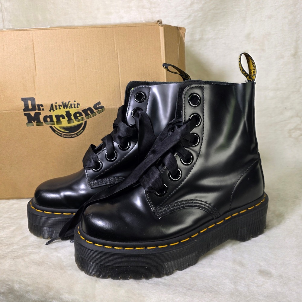 Dr. Martens Molly Platform Boots Black Buttero Leather Ribbon Womens 38 7 NEW